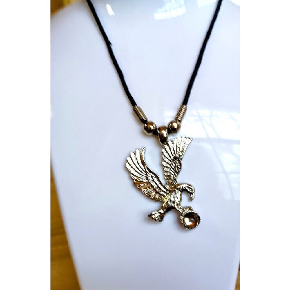 Vintage Flying Eagle Pendant Faux Leather Black Cord Necklace 17"